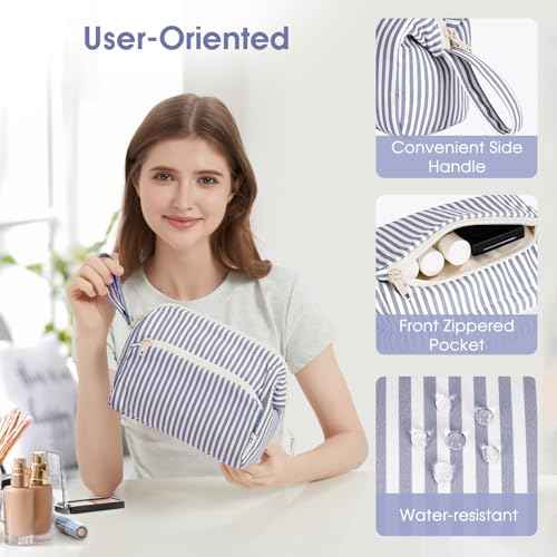 Narwey Striped Wide Open Makeup Bag Women, Travel Toiletry Bag for Women Cosmetic Bag Organizer Make up Bags with Compartments, Gift for Teen Girls (Greyish Blue Stripe)