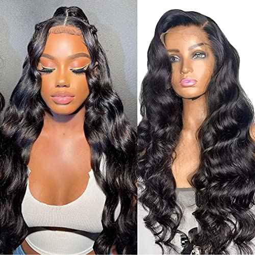Body Wave Lace Front Wigs Human Hair Pre Plucked Glueless 13x4 HD Lace Frontal Wig with Baby Hair 180% Density Brazilian Virgin Human Hair (34 Inch) Lace Front Wigs for Black Women Natural Black