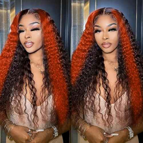 Ginger Orange Glueless Wigs Human Hair Ombre Pre Plucked Pre Cut 9x6 Deep Wave Lace Front Wigs Human Hair 9x6 Ginger Colored Deep Curly HD Lace Frontal Wig Brazilian Hair 20inch 180% Denstiy