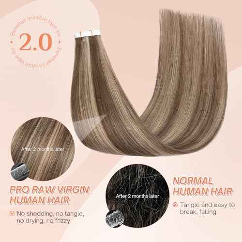Benehair Tape in Human Hair Extensions, 20 inch Straight Invisible Tape Extensions Remy Blonde Hair Extensions 10pcs 20g Medium Brown Mix Dark Blonde 4p27