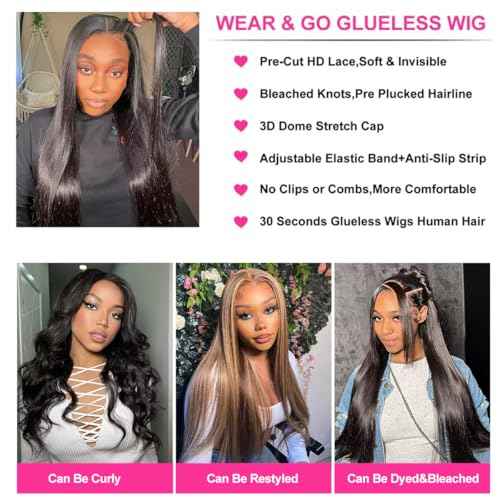 Straight Gluless Lace Wigs Human Hair Pre Bleached Invisible Knots 30 Inch 6x4 HD Lace Front Wigs Human Hair Glueless Wigs Human Hair for Women Pre Plucked 180% Density