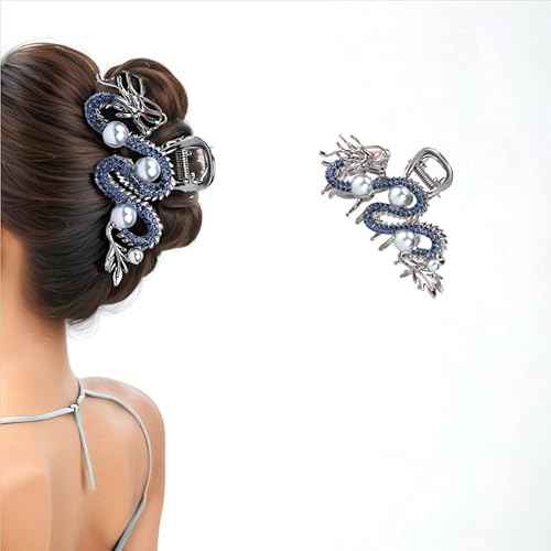 Fashionable Dragon Metal Claw Clips for Women Blue Rhinestone & Pearls Silver Alloy Halloween Decorative Clips Hair Accessories Birthday New Year Gifts