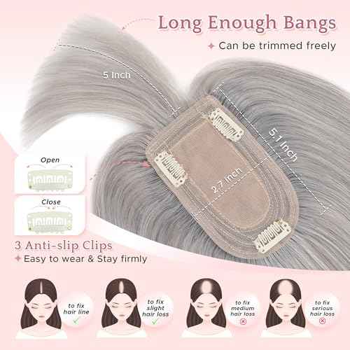 SEGO Grey Hair Toppers for Women Real Human Hair With Bangs, 7 * 13 CM Silk Base Clip In Topper Wiglet, Top Pieces for Women with Thinning Hair -10 Inch #G1 Silver Grey