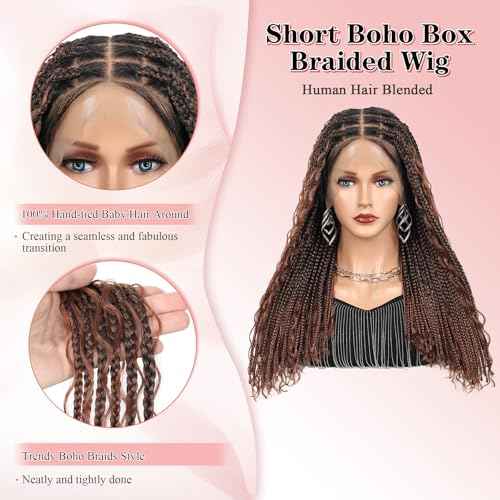 13x8 Inch HD Lace Short Boho Braided Wig Knotless Braided Wigs for Women with Curly End Synthetic Hair Box Braid Wig with Baby Hair Brown 18 Inch