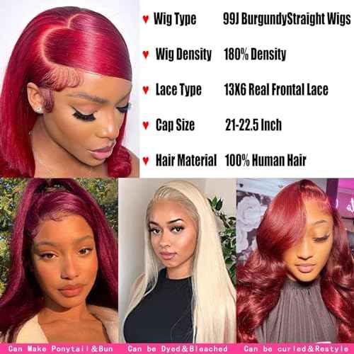 20Inch 99j Burgundy Lace Front Wigs Human Hair 13x6 HD Straight Glueless Lace Frontal Wigs for Women 180% Density Pre Plucked with Baby Hair Wine Red Wigs Human Hair
