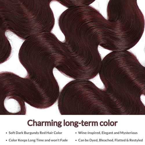 Dark Burgundy 3 Bundles Human Hair Body Wave 12 14 16 Inch, 99J 12A Sew In Wavy Weave Bundles Red Colored 100% Brazilian Virgin Remy Human Hair Soft Shiny #99j Wine Color