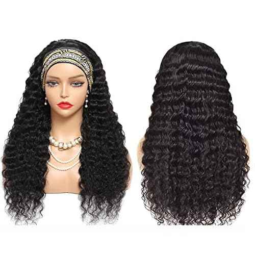 Human Hair Wig Deep Wave 16 Inch Headband Wig Curly Hair Wig Machine Made Wig Non Lace Front for Women Natural Color