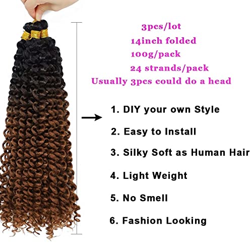 Aliabsion Ombre Brown Afro Kinky Curly Braiding Hair Extensions Water Curl Crochet Hair 3pcs 14inch Crochet Curly Braid Hair Black to Brown Short Synthetic Hair Styles (1b/30)