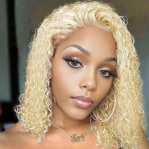 Blonde Bob Wig Human Hair 613 13x6 Lace Front Wig Human Hair Short Curly Bob Wigs for Black Woman Glueless Wigs Human Hair 613 Frontal Wigs Pre Plucked With Baby Hair180% Density (16 Inch)