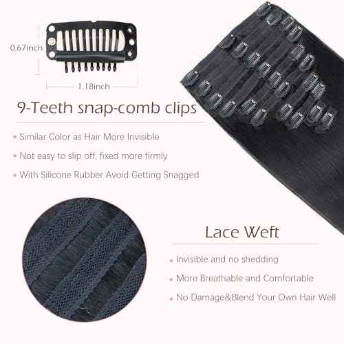 Clip in Hair Extensions Real Human Hair,18inch 150g 10Pcs with 24 clips,Natural Black,Straight Human Hair Clip in Hair Extensions for Black Women