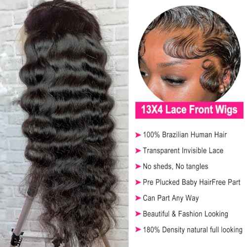 30 Inch Lace Front Wig Human Hair Pre Plucked 13x4 Transparent HD Lace Frontal Wigs Human Hair Deep Wave Lace Front Wigs Human Hair 180% Density Curly Wigs for Black Women