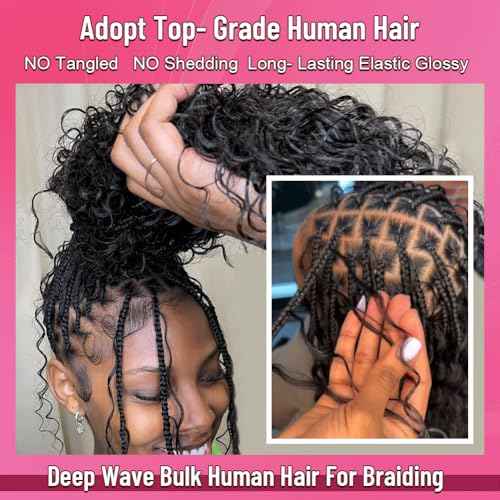 Human Braiding Hair for Boho Braids Bohemian Deep Wave Bulk 100% Human Hair for Braiding Wet and Wavy Human Hair for Boho Knotless Braids No Weft 2 Bundles 100g Hair Extensions Natural Color