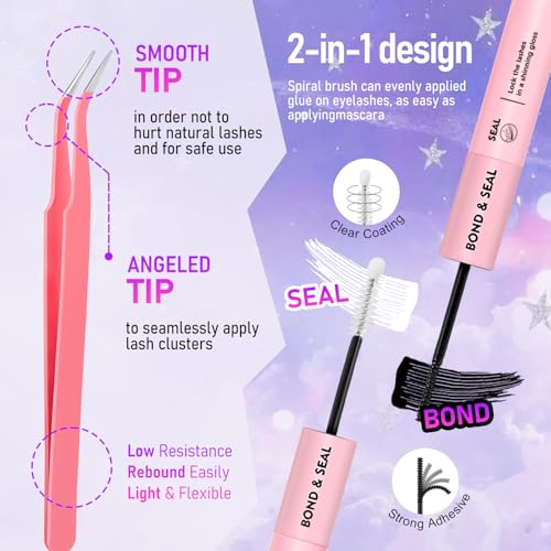 Lash Clusters Kit DIY Eyelash Clusters 530pcs 3D Full Individual Lashes Clusters Kit 30D-100D Pre Map Volume Lash Clusters Volume Self Adhesive Eyelashes Kit With Bond & Seal Tweezers
