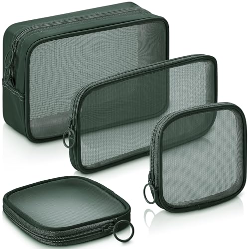 Weewooday 4 Pcs Mesh Makeup Bag Mesh Cosmetic Bag Travel Toiletry Pouch with Zipper Mini Makeup Cosmetic Purse for Daily Accessory(Small, Large, Medium,Olive Green)