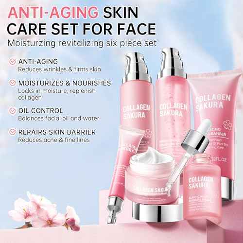Sakura Skin Care Set for Teen Girls, Cherry Blossom Skincare Gift Set for Teens & Women, Moisturize & Repair Skin, 6 Pcs Collagen Skin Care Kits with Cleanser, Toner, Lotion, Serum, Cream & Eye Cream