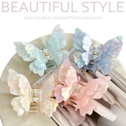 Butterfly Hair Clips 2.6 inch Medium Cute Hair Claw Clips for Women Girls Styling - 3 Pack (Blue + Yellow + Pink)