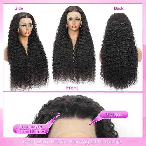 Deep Wave Lace Front Wigs Human Hair 13x6 HD Transparent Lace Front Wigs Human Hair 200% Density Deep Curly Human Hair Wig Pre Plucked Deep Wave Frontal Wigs Natural Color 26 Inch