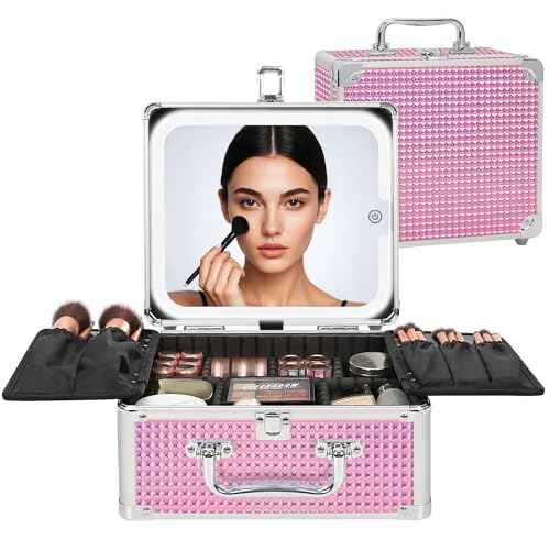 Relavel Makeup Bag with LED Mirror, Makeup Box Travel Train Case with Rechargeable Lighted Mirror, Cosmetic Brush Organizer Storage for Makeup Artists Gifts for Women and Girls, Pink