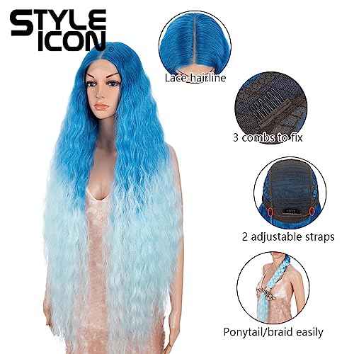 Style Icon 41" Ombre Blue Lace Front Wigs Long Wavy Synthetic Wigs with Baby Hair Ombre Blude Bohemian Style Half Hand Tied 130% Density Wigs (41", GT BLUE/BLUE5)