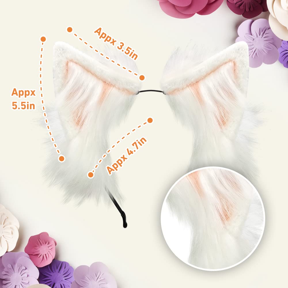 GaliaFaya Cat Wolf Fox Dog Ears Headband Handmade Long Faux fur Cosplay Halloween Costume Party (White and Pink)