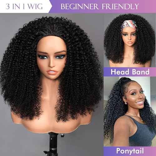 Kinky Curly Half Wig Human Hair 180% Density 3 In 1 Seamless Flip Over Half Wigs Human Hair Glueless Wear and Go Beginner Friendly 20 Inch Drawstring Headband Wig Human Hair for Women Natural Black