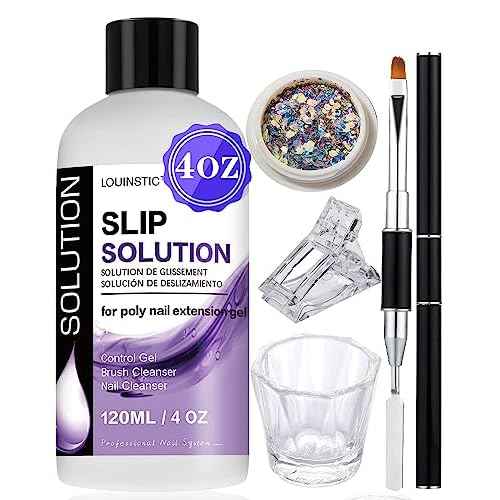 LOUINSTIC Poly Nail Gel Slip Solution - 120ml, 3 in 1 Nail Extension Anti-Stick Liquid, Art Brush Cleanser, for Poly Extension Gel Kit, with Dual-Ended Art Brush
