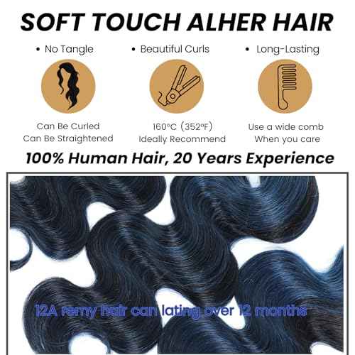 ALHER #1B/BlueBody Wave 13x4 Lace Frontal Human Hair, Black Mix Blue HD Transparent Lace Frontal Closure Ear to Ear 100% Virgin Remy Human Hair for Black Women 150% Density 12 Inch