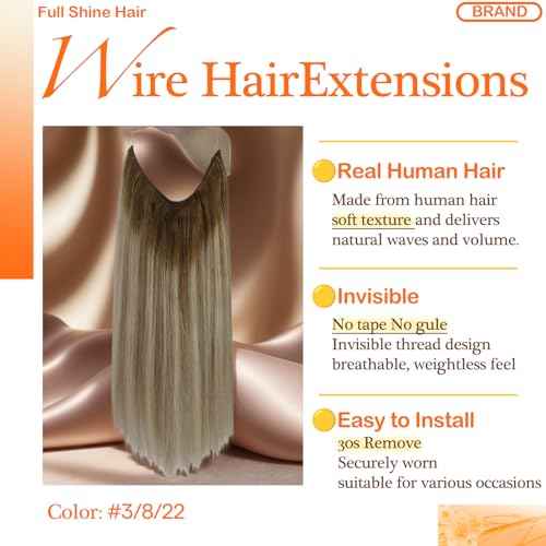 Full Shine Invisible Wire Hair Extensions One Piece Clip In Extensions With Transparent Wire Elastic Fish Wire Hair For Women 90G Ombre Hair Extensions Wire Secret Hairpiece For Women 20 Inch