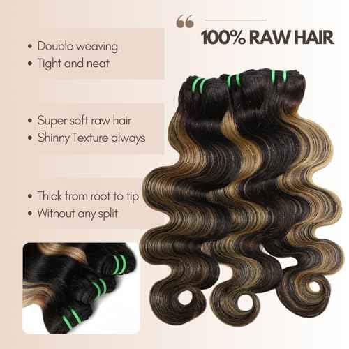 13A Double Drawn Honey Blonde Highlight FB27 Bundles Body Wave Human Hair, Black With Honey Brown Highlight Human Hair 3 Bundles Unprocessed Remy Hair F1B/27 Ombre Hair Extension 12 14 16 Inch