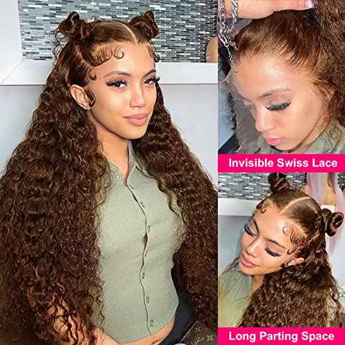 13x4 Chocolate Brown Deep Wave Transparent Lace Front Wigs Human Hair Wet and Wavy Wigs for Black Women Brazilian Deep Curly Wave Lace Frontal Wigs Pre Plucked with Baby Hair 180% Density (26 Inch)