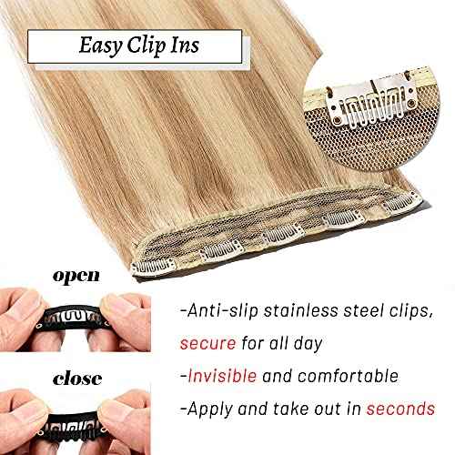S-noilite One Piece Clip in Extensions Human Hair 5 Clips 3/4 Full Head Ash Blonde to Bleach Blonde Hair Extension for Women,One-Piece Design Clip on Hairpieces 20 Inch 95g
