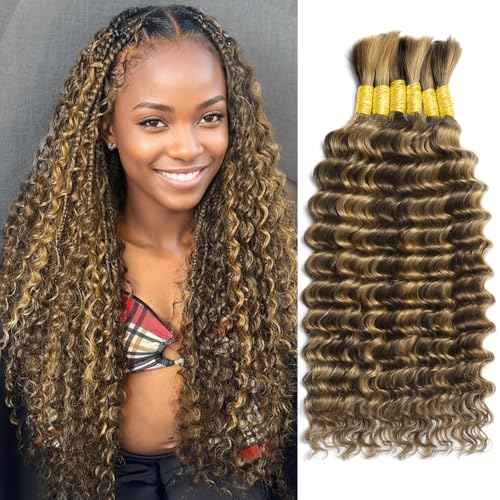 Human Braiding Hair 150g 14 Inch 6 Bundles/Pack Human Hair Braiding Hair No Weft Deep Wave Bulk Human Hair for Braiding Hair Extensions for Boho Braids Wet and Wavy P4/27#