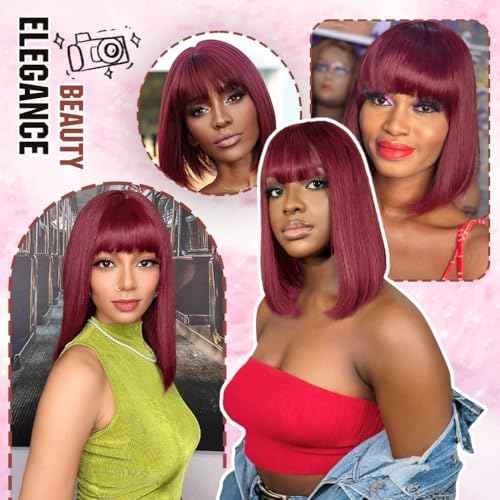 Bob Wig with Bangs Human Hair 200 Density Short Glueless Wigs Ready to Go Straight Bob Bangs Wig for Women Burgundy 14 Inches