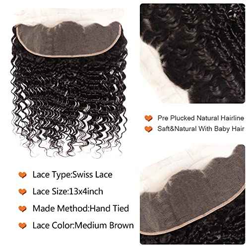 Brazilian Deep Wave Lace Frontal with Bundles Virgin Human Hair Deep Curly Bundles Ear to Ear Lace Frontal with Bundles100% Unprocessed Human Hair Extensions Natural Color(20 22 24+18)