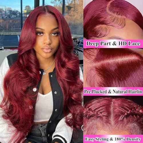 99j Burgundy Body Wave 13x4 Lace Front Wigs Red HD Transparent Lace Frontal Wigs Human Hair Pre Plucked with Baby Hair 22 inches Wine Red Colored Body Wave Wigs for Women Full and Thick 220% Density