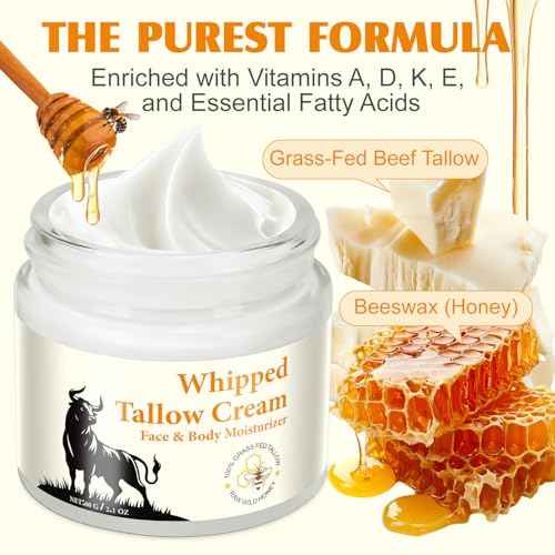 Beef Tallow for Skin - Tallow and Honey Balm for Face - 100% Grass-Fed Beef Tallow, Honey & Beeswax, Deep Hydration for Dry & Aging Skin, Natural Barrier, Nourishing Moisturizer