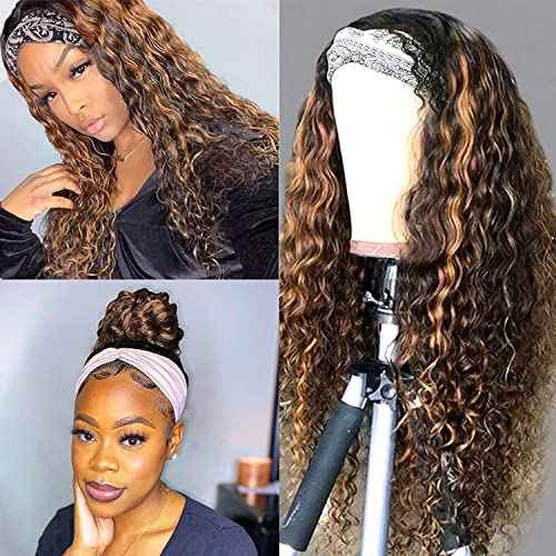 XSY Ombre Headband Wig Human Hair Honey Blonde Wig 4/27 Highglight Wig Headband Wig 100% Human Hair Wigs Deep Wave Headband Wig Curly Wig Colored Wigs 22 Inch