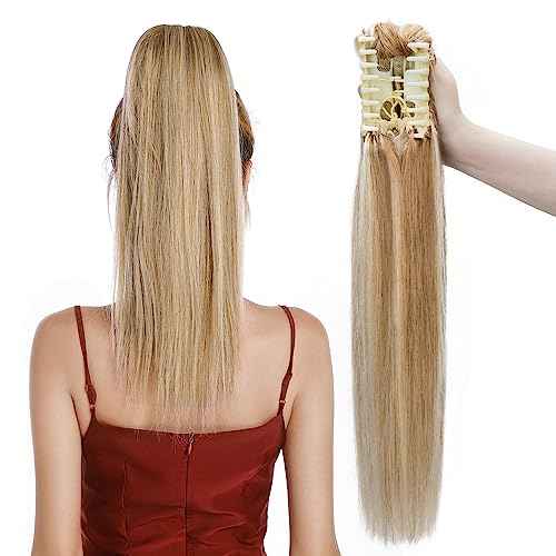 MY-LADY Ponytail Extension Human Hair Claw Clip in Ponytail Hair Extension Straight Pony Tail Hair Extensions Real Human Hair for Women Ash Blonde & Bleach Blonde 18 Inch 115g