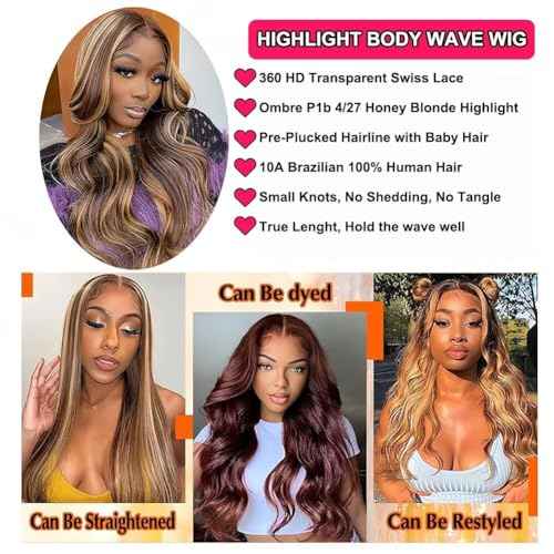 Highlight Ombre 360 Lace Front Wig Human Hair 20 Inch Body Wave 180 Density 427 Honey Blonde Pre Plucked HD Full Lace Human Hair Wig for Women