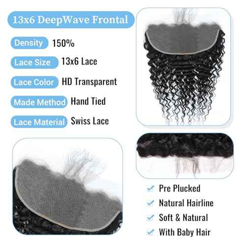 13x6 HD Lace Closure Deep Wave Human Hair HD Transparent Lace Closure Human Hair Pre Plucked 12A Virgin Hair Closures for Black Women 22 Inch