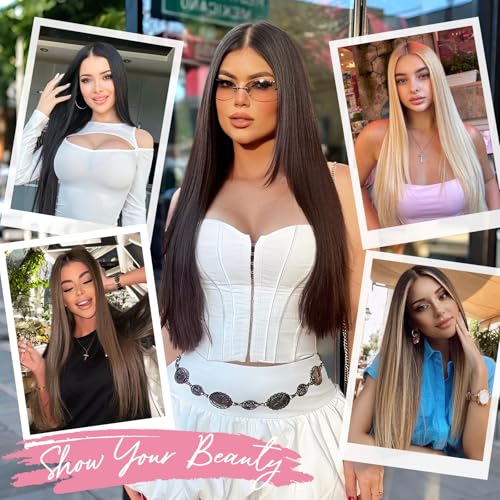 Clip in Synthetic Hair Extensions Black Long Straight 4PCS Thick Hairpiecesx Fiber Double Weft Natural Hair Extensions 22 Inch for Women