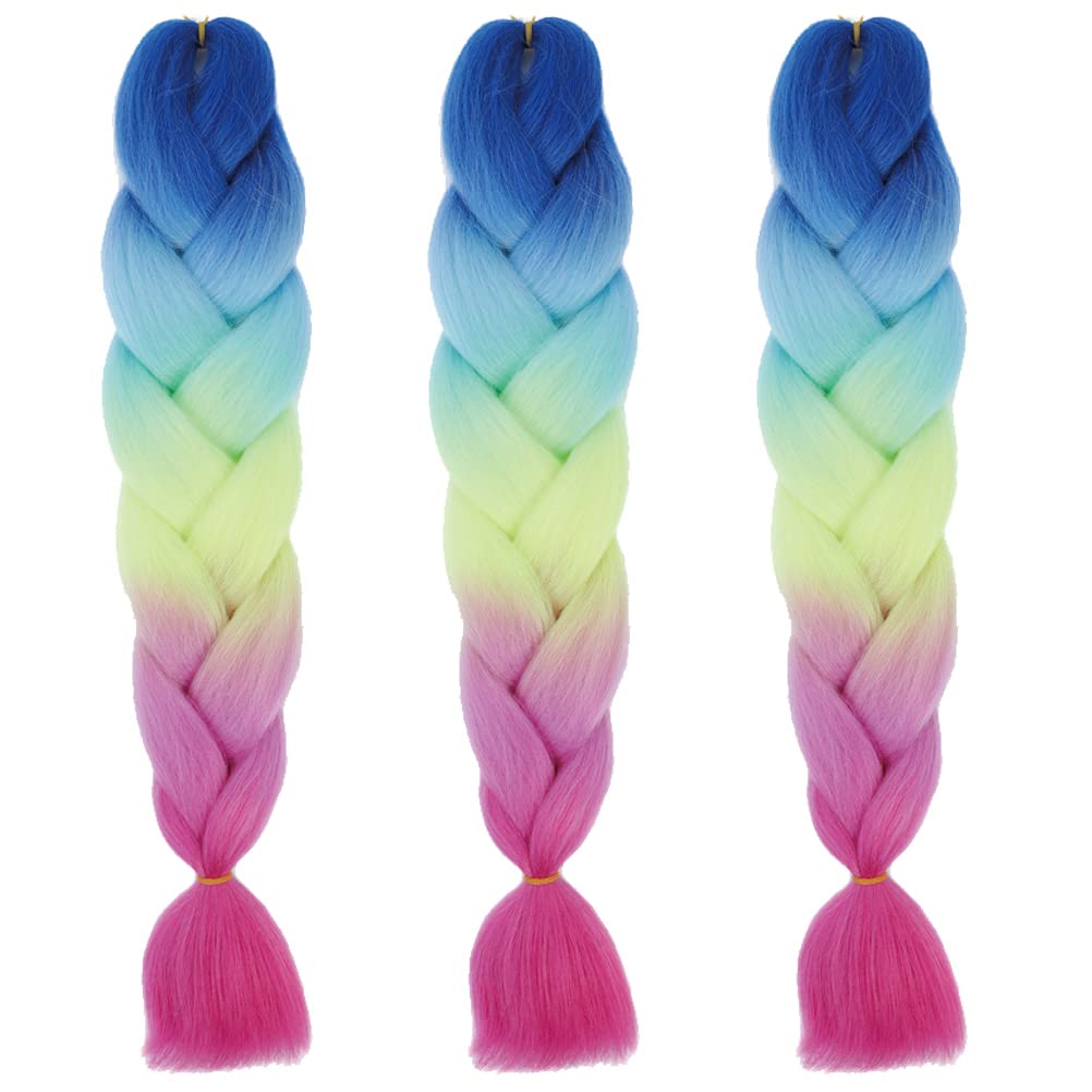 Xiaofeng Braiding Hair Extensions for Women 3 Packs 100g/Pack 24Inch High Temperature Ombre Jumbo Synthetic Braiding Hair for Twist Crochet Braids (blue-sky blue-yellow-light pink-rose)