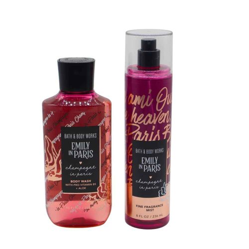 Bath & Body Works Emily in Paris CHAMPAGNE IN PARIS Fine Fragrance Mist & Body Wash 2pc Gift Set with a red bow for Holidays - Full Size