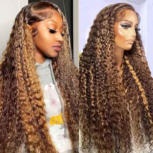 13x4 HD Lace Front Wigs Human Hair 4/27 Deep Wave Wigs for Black Women Ombre Honey Blonde Curly Lace Frontal Wig Human Hair Pre Plucked 180% Density with Baby Hair (30 Inch)