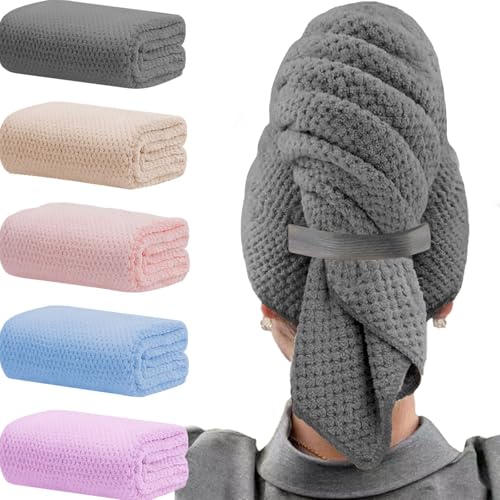 Microfiber Hair Towels, Waffle Hair Towel Set, Super Soft Highly Absorbent, Sturdy Quick Drying Turbans for Long, Thick, Curly Hair (5 Pack, 40" x 20")