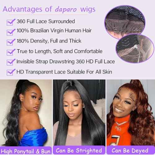 360 Body Wave Lace Front Wigs Human Hair Drawstring HD Lace Front Wigs Human Hair 180 Density Hidden Strap Glueless Full Lace Frontal Wig for Women 24 Inch