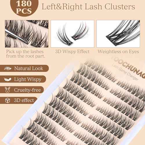 Natural Lash Clusters Wispy Eyelash Clusters C Curl Left&Right Cluster Eyelashes Extensions 180pcs Cluster Lashes DIY Individual Lash Extension Thin Band Cat Eye Lashes by TOOCHUNAG