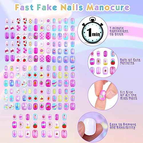 168Pcs Press on Nails for Kids Girls, Shynek Kids Fake Nails for Children Pre Glue Stickers Nails Full Cover Short Acrylic Nails Set Gifts for Girls Nail Art Decoration