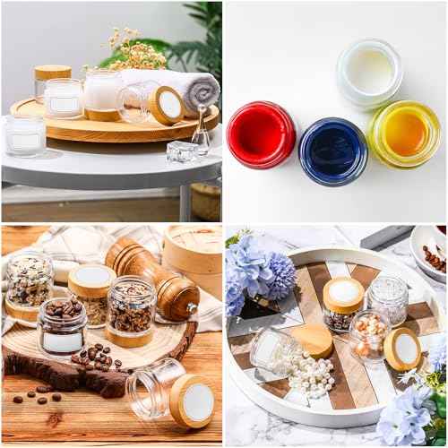Layhit 36 Pcs 2oz Glass Jars with Lids Clear Small Jars with Plastic Woodgrain Lids, White Labels and Inner Liners Empty Round Cosmetic Containers for Creams Lotions Candle Making (2oz/ 60ml)