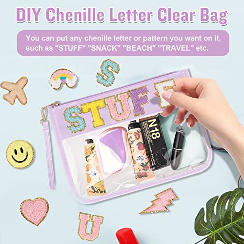 2 Pack Clear PVC Flat Pouch, PU Travel Makeup Bag Clear Zipper Pouch with Wristlet, DIY Chenille Letter Bag Waterproof Portable Small Clear Travel Toiletry Bag Cosmetic Pouch for Women Girls(Black)